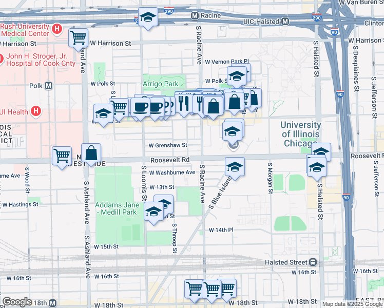 map of restaurants, bars, coffee shops, grocery stores, and more near 1222 West Roosevelt Road in Chicago