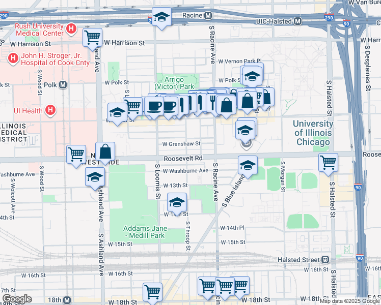 map of restaurants, bars, coffee shops, grocery stores, and more near 1122 South Lytle Street in Chicago