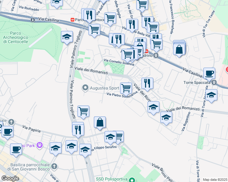 map of restaurants, bars, coffee shops, grocery stores, and more near 9 Via Giggi Pea in Rome