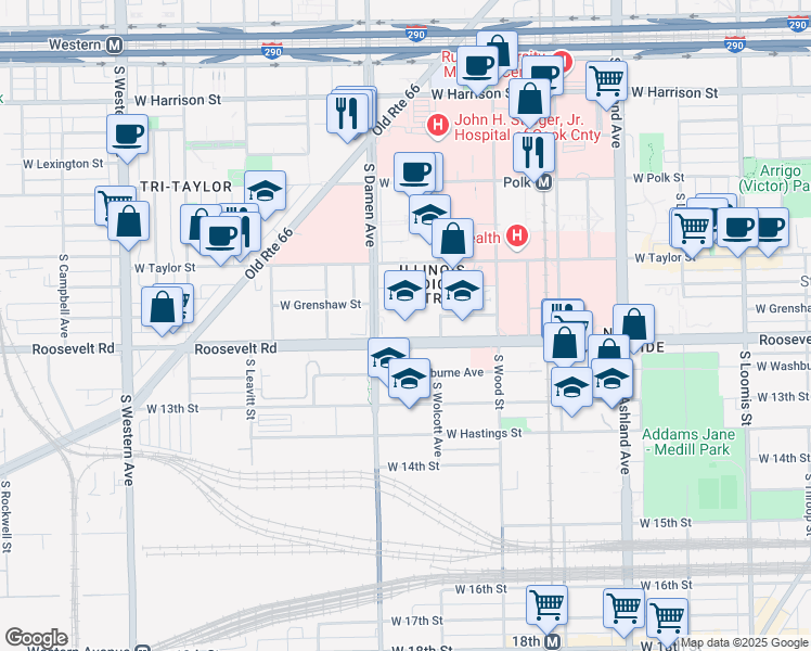 map of restaurants, bars, coffee shops, grocery stores, and more near 1950 West Roosevelt Road in Chicago
