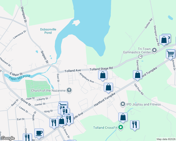 map of restaurants, bars, coffee shops, grocery stores, and more near 33 Tolland Avenue in Vernon