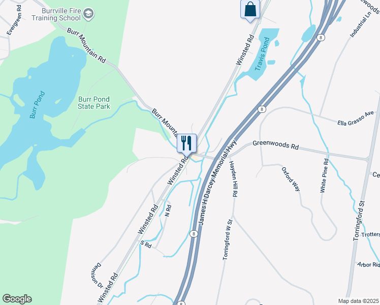map of restaurants, bars, coffee shops, grocery stores, and more near 1 Burr Mountain Road in Torrington