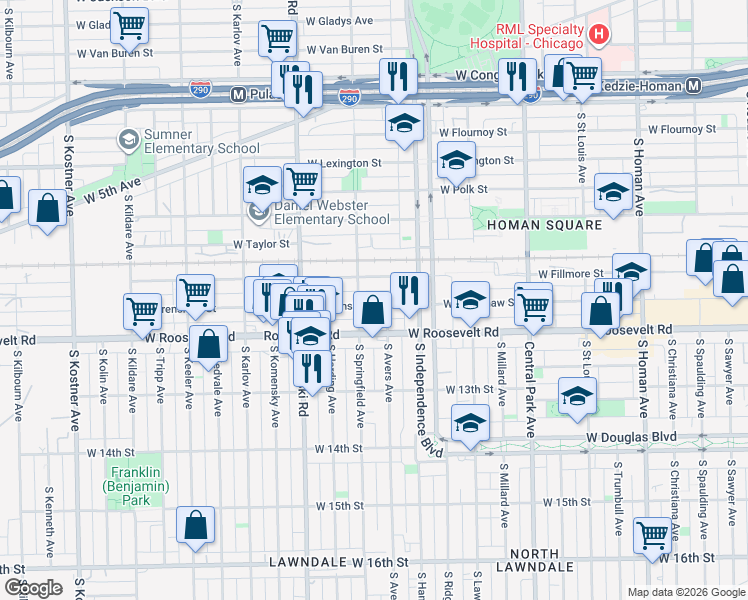 map of restaurants, bars, coffee shops, grocery stores, and more near 3846 West Grenshaw Street in Chicago