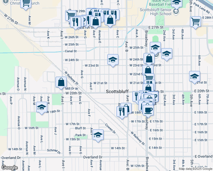map of restaurants, bars, coffee shops, grocery stores, and more near 2111 Avenue East in Scottsbluff