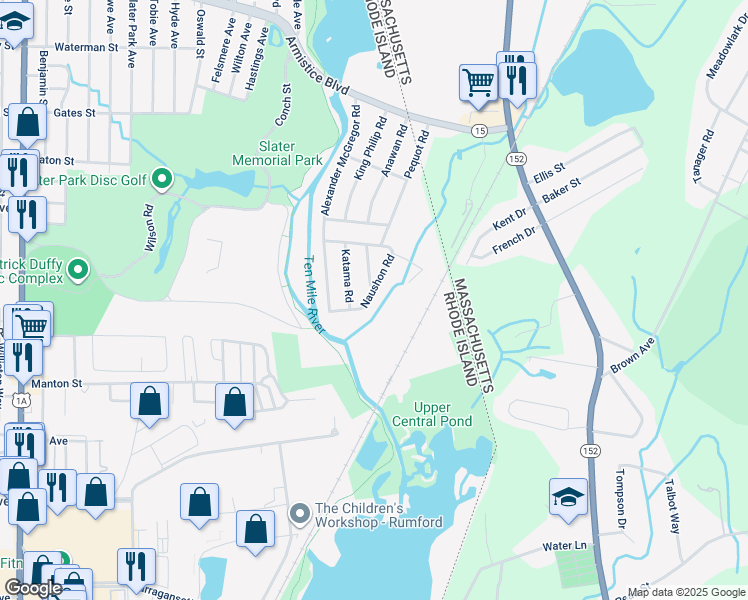 map of restaurants, bars, coffee shops, grocery stores, and more near 34 Katama Road in Pawtucket