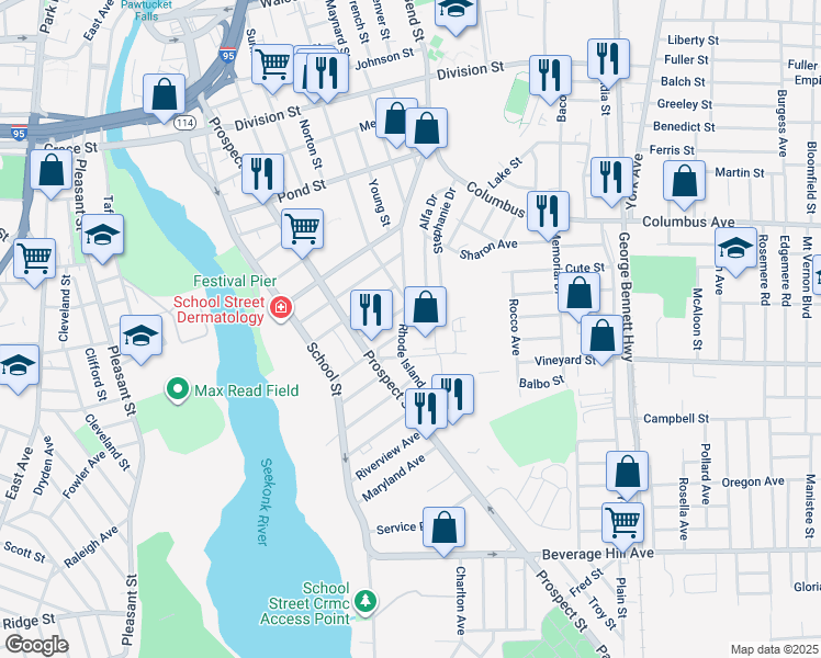 map of restaurants, bars, coffee shops, grocery stores, and more near 200 Rhode Island Avenue in Pawtucket