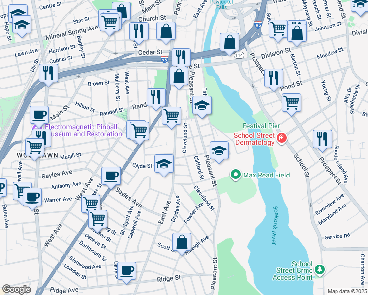 map of restaurants, bars, coffee shops, grocery stores, and more near 10 Harvey Street in Pawtucket