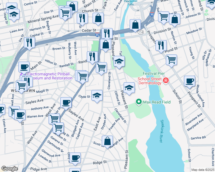 map of restaurants, bars, coffee shops, grocery stores, and more near 10 Harvey Street in Pawtucket