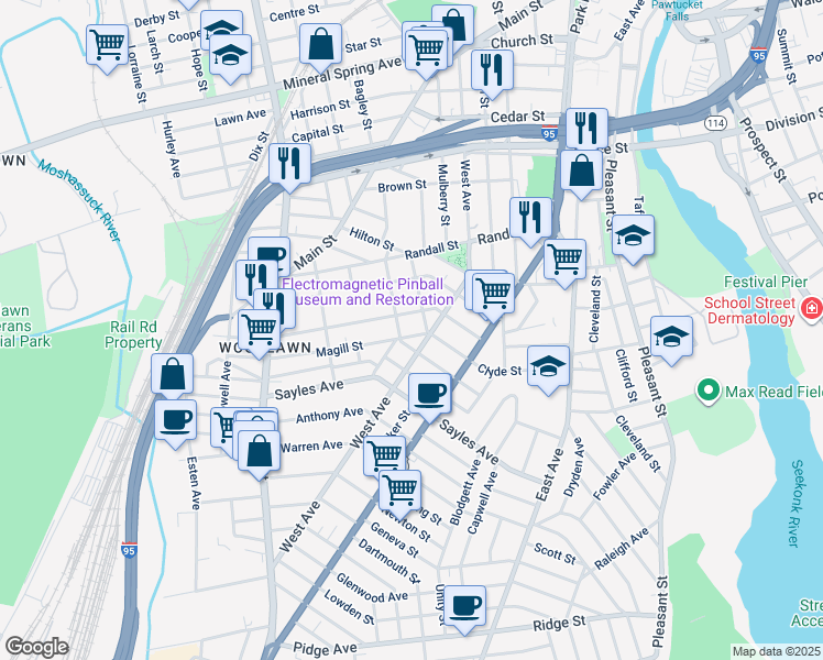 map of restaurants, bars, coffee shops, grocery stores, and more near 159 Dunnell Avenue in Pawtucket