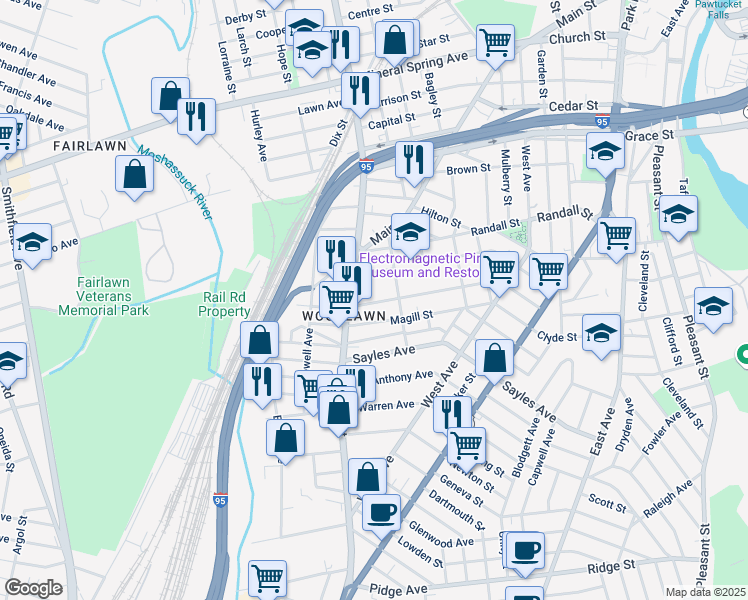 map of restaurants, bars, coffee shops, grocery stores, and more near 232 Sterry Street in Pawtucket