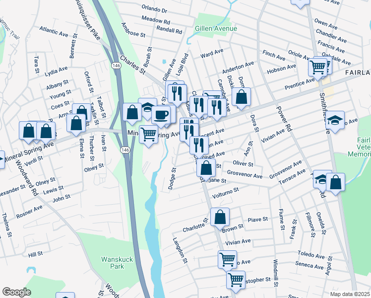 map of restaurants, bars, coffee shops, grocery stores, and more near 1074 Mineral Spring Avenue in North Providence