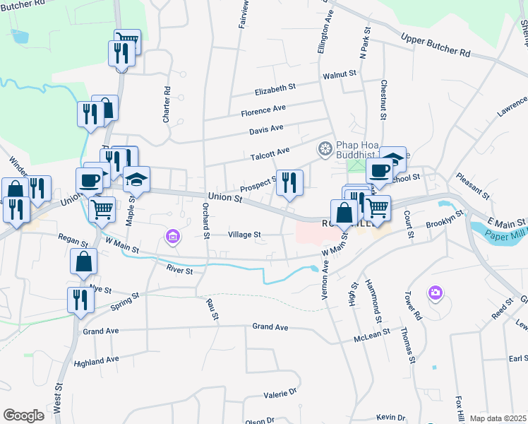 map of restaurants, bars, coffee shops, grocery stores, and more near 5 Oak Street in Vernon