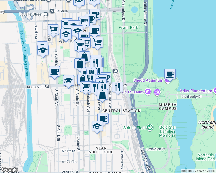 map of restaurants, bars, coffee shops, grocery stores, and more near 1135 South Michigan Avenue in Chicago