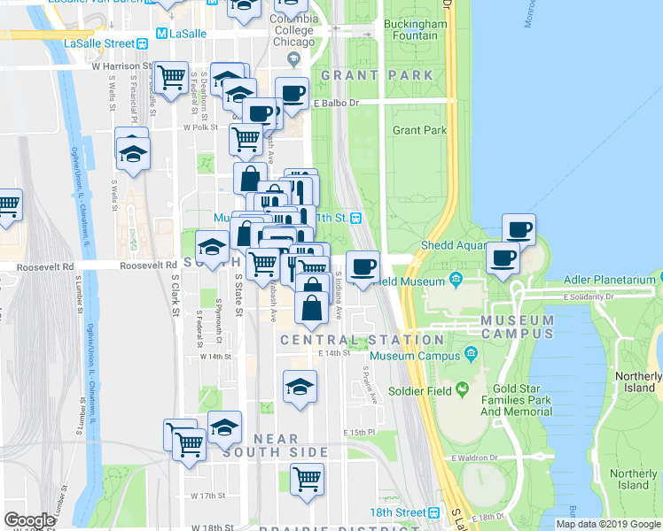 map of restaurants, bars, coffee shops, grocery stores, and more near 1135 South Michigan Avenue in Chicago