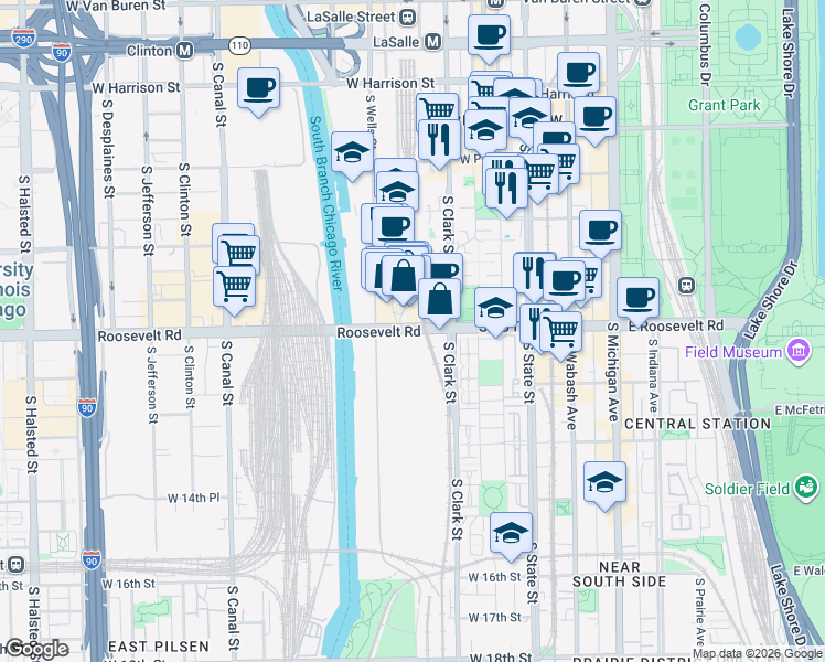 map of restaurants, bars, coffee shops, grocery stores, and more near 150 Roosevelt Road in Chicago