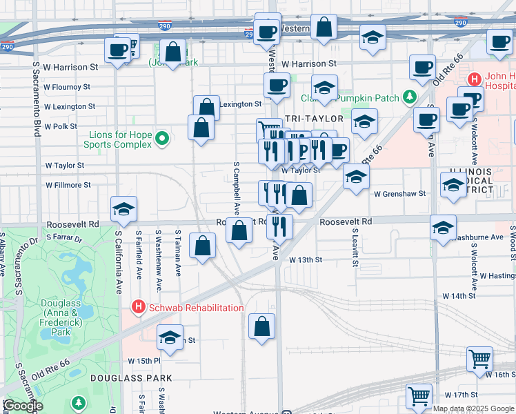 map of restaurants, bars, coffee shops, grocery stores, and more near 2419 West Fillmore Street in Chicago