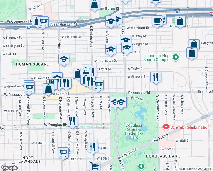 map of restaurants, bars, coffee shops, grocery stores, and more near 1106 South Albany Avenue in Chicago