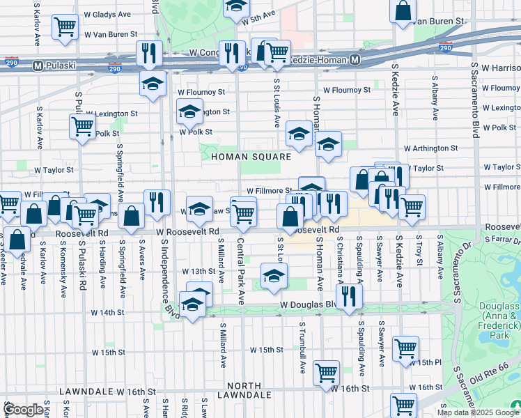 map of restaurants, bars, coffee shops, grocery stores, and more near 3519 West Fillmore Street in Chicago