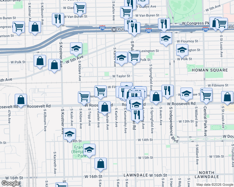 map of restaurants, bars, coffee shops, grocery stores, and more near 1115 South Karlov Avenue in Chicago