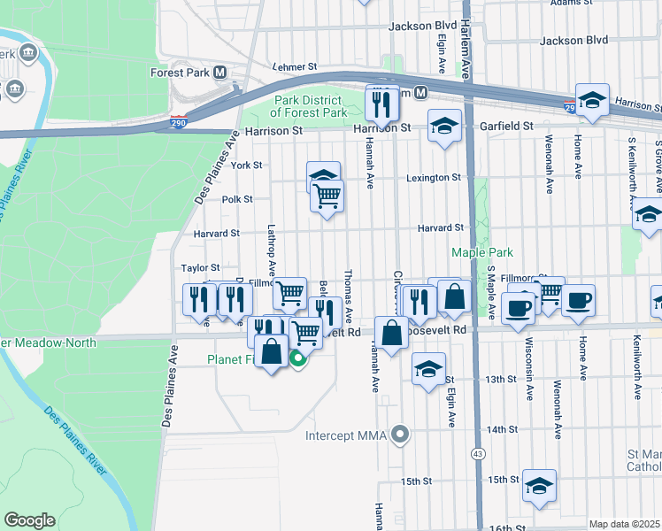 map of restaurants, bars, coffee shops, grocery stores, and more near 1014 Beloit Avenue in Forest Park