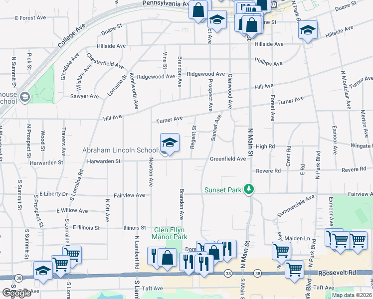 map of restaurants, bars, coffee shops, grocery stores, and more near 232 Regent Street in Glen Ellyn