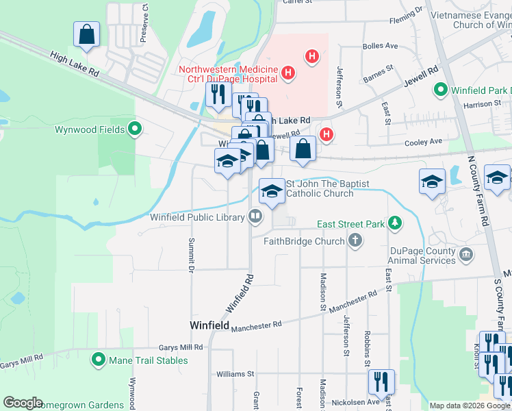 map of restaurants, bars, coffee shops, grocery stores, and more near S211 Winfield Road in Warrenville
