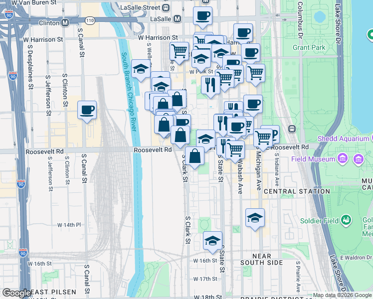 map of restaurants, bars, coffee shops, grocery stores, and more near Roosevelt Rd & S Clark St in Chicago