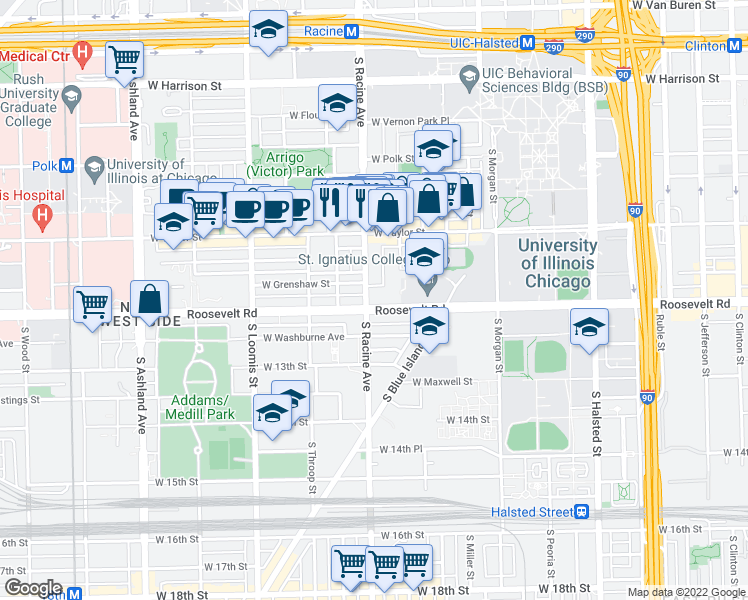 map of restaurants, bars, coffee shops, grocery stores, and more near 1154 West Roosevelt Road in Chicago