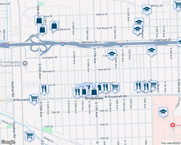map of restaurants, bars, coffee shops, grocery stores, and more near 1934 South 17th Avenue in Maywood