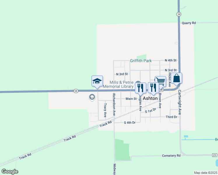 map of restaurants, bars, coffee shops, grocery stores, and more near 502 North 1st Street in Ashton