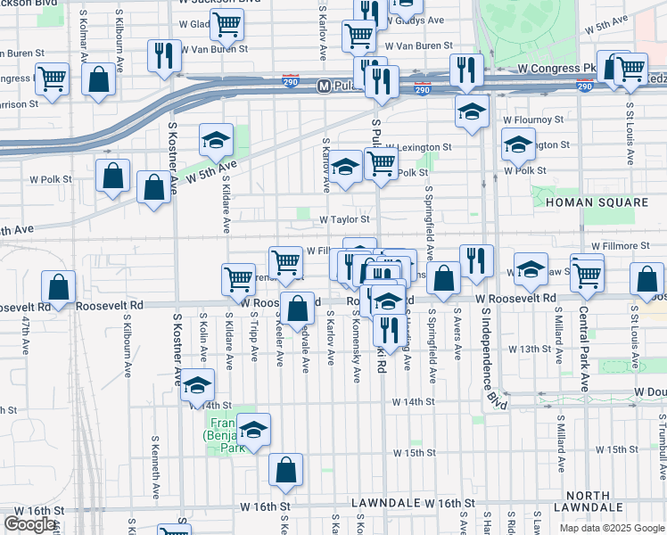 map of restaurants, bars, coffee shops, grocery stores, and more near 1115 South Karlov Avenue in Chicago