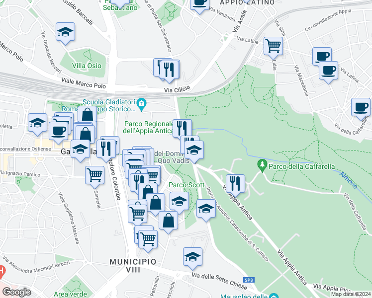map of restaurants, bars, coffee shops, grocery stores, and more near 42 Via Appia Antica in Rome