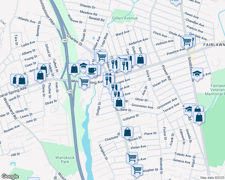 map of restaurants, bars, coffee shops, grocery stores, and more near 152 Vincent Avenue in North Providence