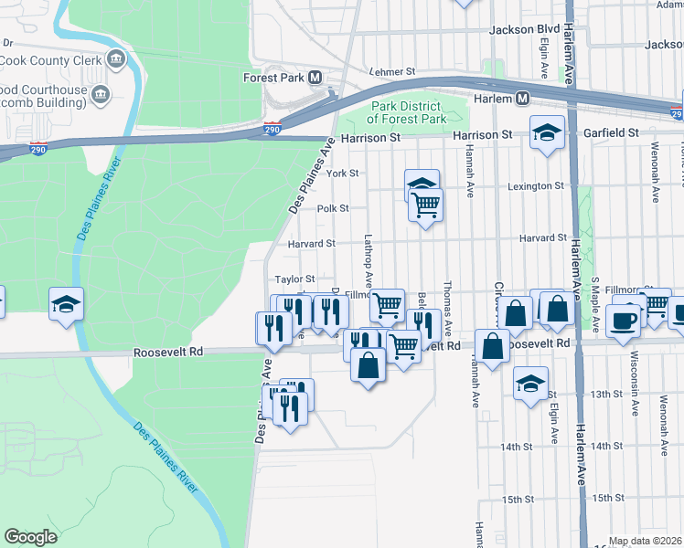 map of restaurants, bars, coffee shops, grocery stores, and more near 1011 Dunlop Avenue in Forest Park