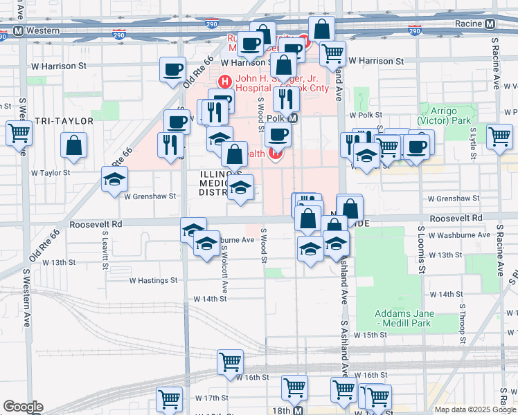 map of restaurants, bars, coffee shops, grocery stores, and more near 1026 South Wood Street in Chicago