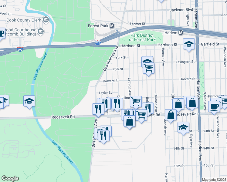 map of restaurants, bars, coffee shops, grocery stores, and more near 1011 Dunlop Avenue in Forest Park
