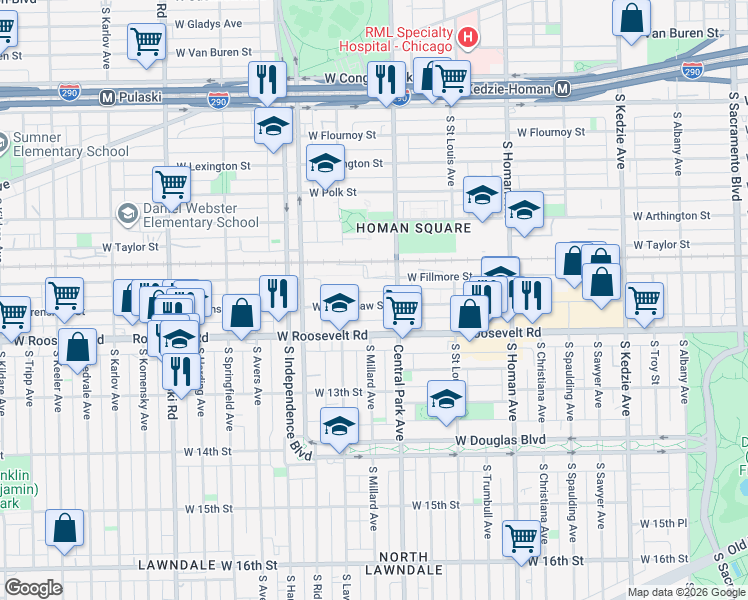 map of restaurants, bars, coffee shops, grocery stores, and more near 3700 West Fillmore Street in Chicago