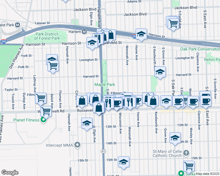 map of restaurants, bars, coffee shops, grocery stores, and more near 1132 South Maple Avenue in Oak Park