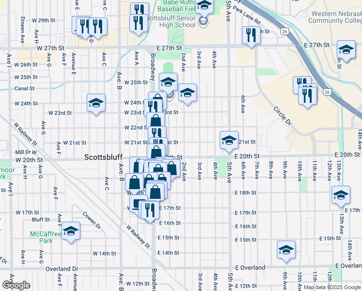 map of restaurants, bars, coffee shops, grocery stores, and more near 2100-2124 2nd Ave in Scottsbluff