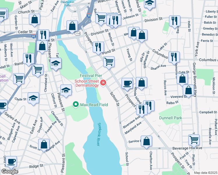 map of restaurants, bars, coffee shops, grocery stores, and more near 5 Beechwood Avenue in Pawtucket