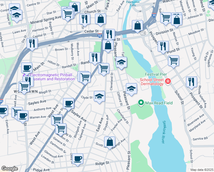 map of restaurants, bars, coffee shops, grocery stores, and more near 10 Harvey Street in Pawtucket