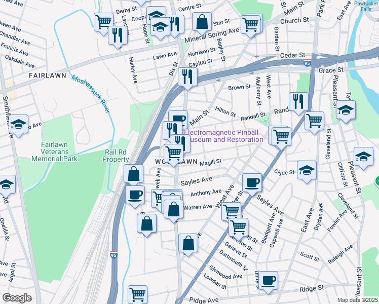 map of restaurants, bars, coffee shops, grocery stores, and more near 232 Sterry Street in Pawtucket