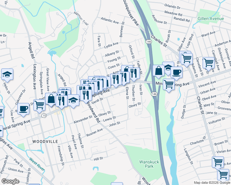map of restaurants, bars, coffee shops, grocery stores, and more near 1275 Mineral Spring Avenue in North Providence