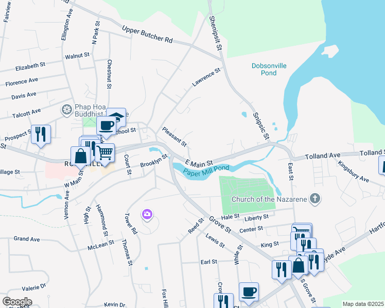 map of restaurants, bars, coffee shops, grocery stores, and more near 27 Pleasant Street in Vernon