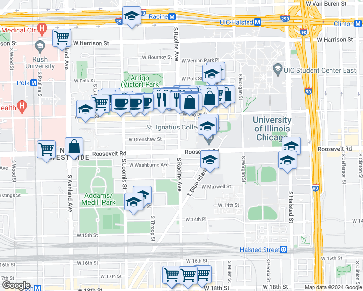 map of restaurants, bars, coffee shops, grocery stores, and more near 1204 West Grenshaw Street in Chicago