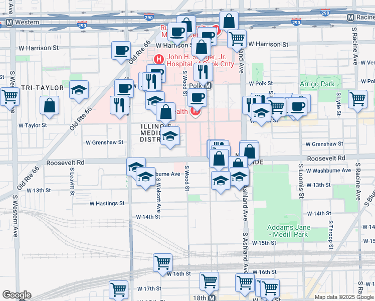 map of restaurants, bars, coffee shops, grocery stores, and more near 1026 South Wood Street in Chicago