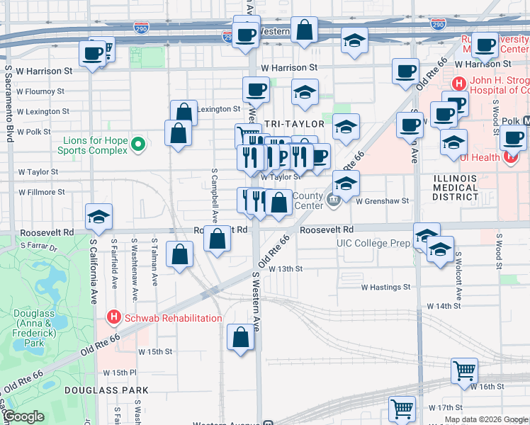map of restaurants, bars, coffee shops, grocery stores, and more near 1115 South Western Avenue in Chicago