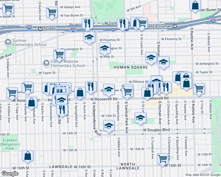 map of restaurants, bars, coffee shops, grocery stores, and more near 3700 West Fillmore Street in Chicago