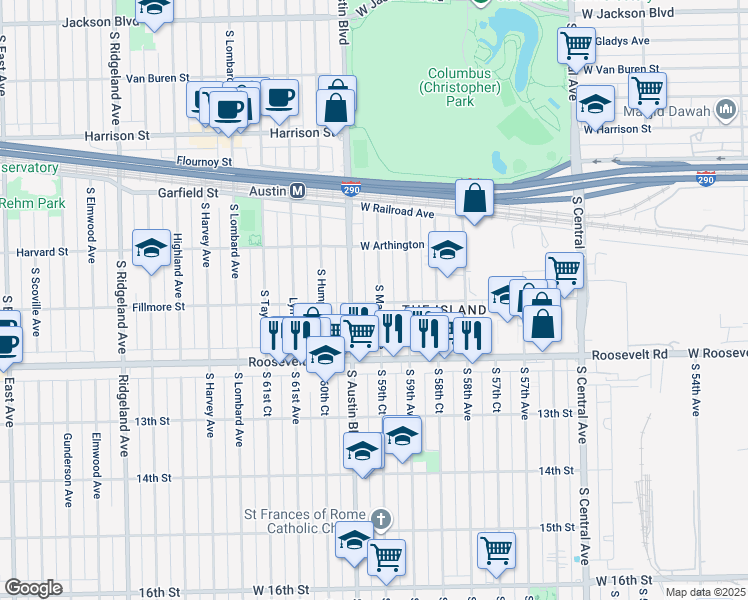 map of restaurants, bars, coffee shops, grocery stores, and more near 1037 South Mason Avenue in Chicago