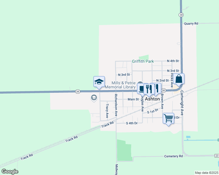 map of restaurants, bars, coffee shops, grocery stores, and more near 502 North 1st Street in Ashton